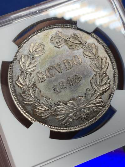 《竞宝斋》第417场 周日，周一，2场连拍 （全场包邮） NGC UNCD 意大利教皇国1848年庇护九世1埃斯库多银币 细节高点非常好 头上帽子黑了会处理的处理一下