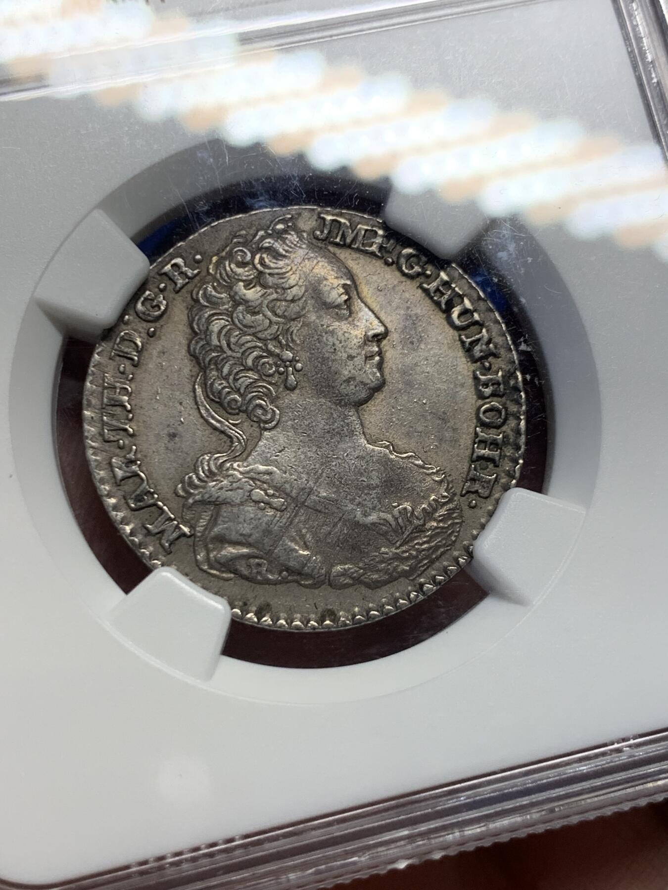 《竞宝斋》第417场 周日，周一，2场连拍 （全场包邮） NGC AU50 奥属尼德兰1753年1/4杜卡特银币，十分少见，特蕾莎女王头像