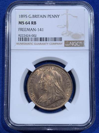 《竞宝斋》第417场 周日，周一，2场连拍 （全场包邮） - NGC MS64RB 英国1895年披纱1便士大铜币，MS64收藏级