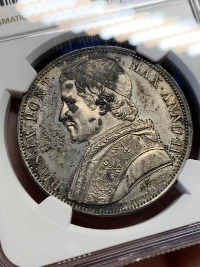 《竞宝斋》第417场 周日，周一，2场连拍 （全场包邮） NGC UNCD 意大利教皇国1848年庇护九世1埃斯库多银币 细节高点非常好 头上帽子黑了会处理的处理一下