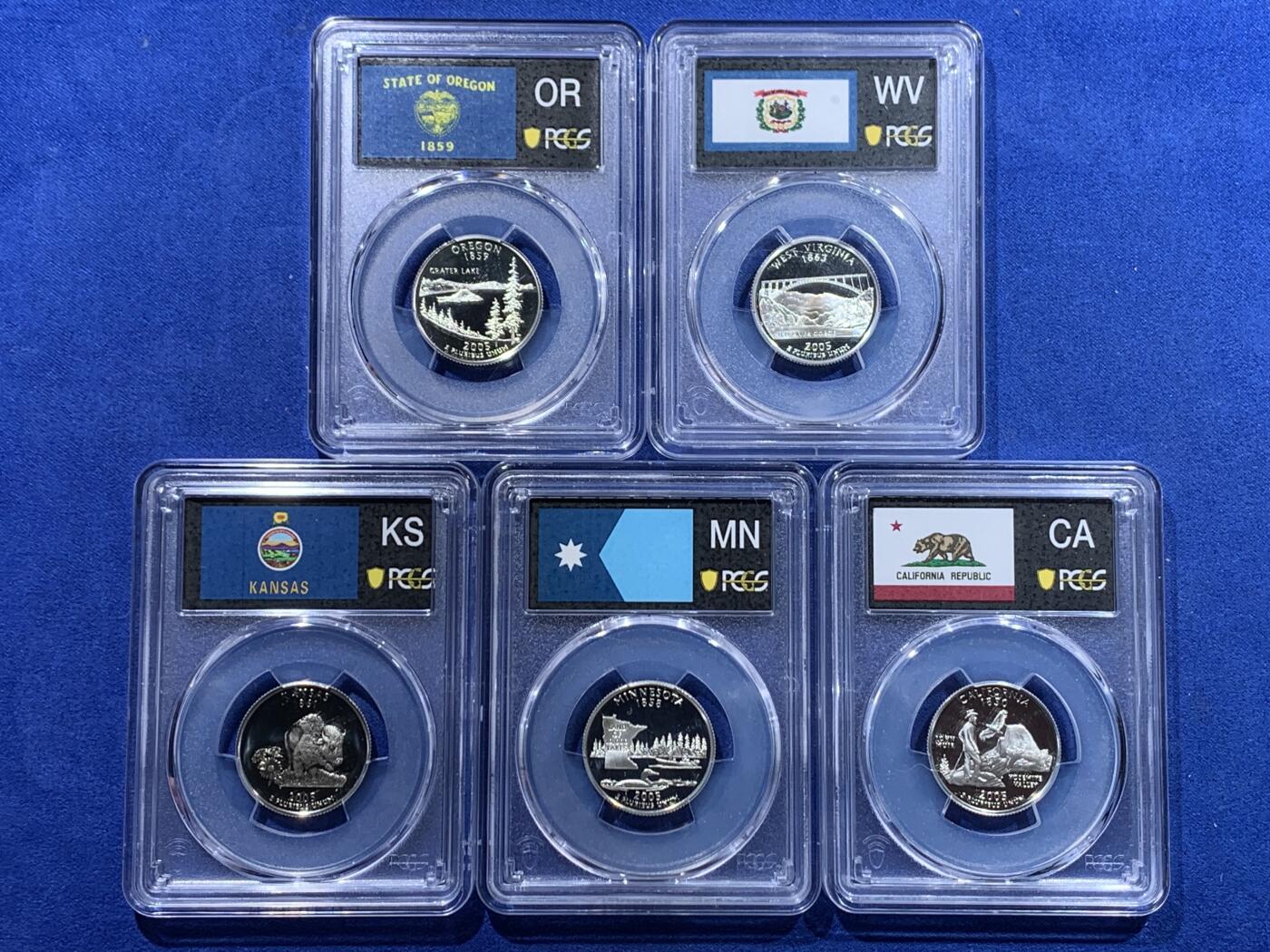 《竞宝斋》第417场 周日，周一，2场连拍 （全场包邮） PCGS PR69DCAM 美国2005年25美分5枚精制银币套 加利福尼亚/明尼苏达/堪萨斯/俄勒冈/西佛吉尼亚