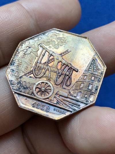 《竞宝斋》第417场 周日，周一，2场连拍 （全场包邮） 维也纳双服务供应商和下级供应商消防互助八角银质代币，30.5MM，12.8克，手指边铭