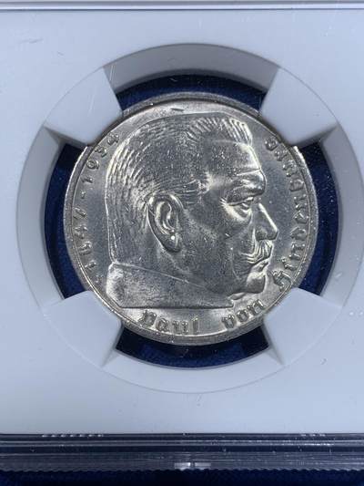 《竞宝斋》第417场 周日，周一，2场连拍 （全场包邮） NGC MS62 德国1939年兴登堡5马克银币 少见年份