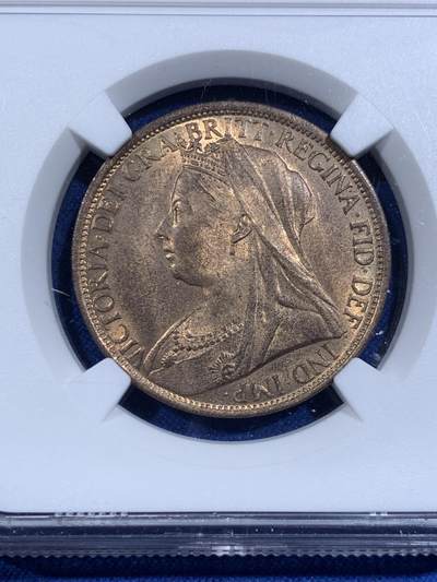 《竞宝斋》第417场 周日，周一，2场连拍 （全场包邮） NGC MS64RB 英国1895年披纱1便士大铜币，MS64收藏级