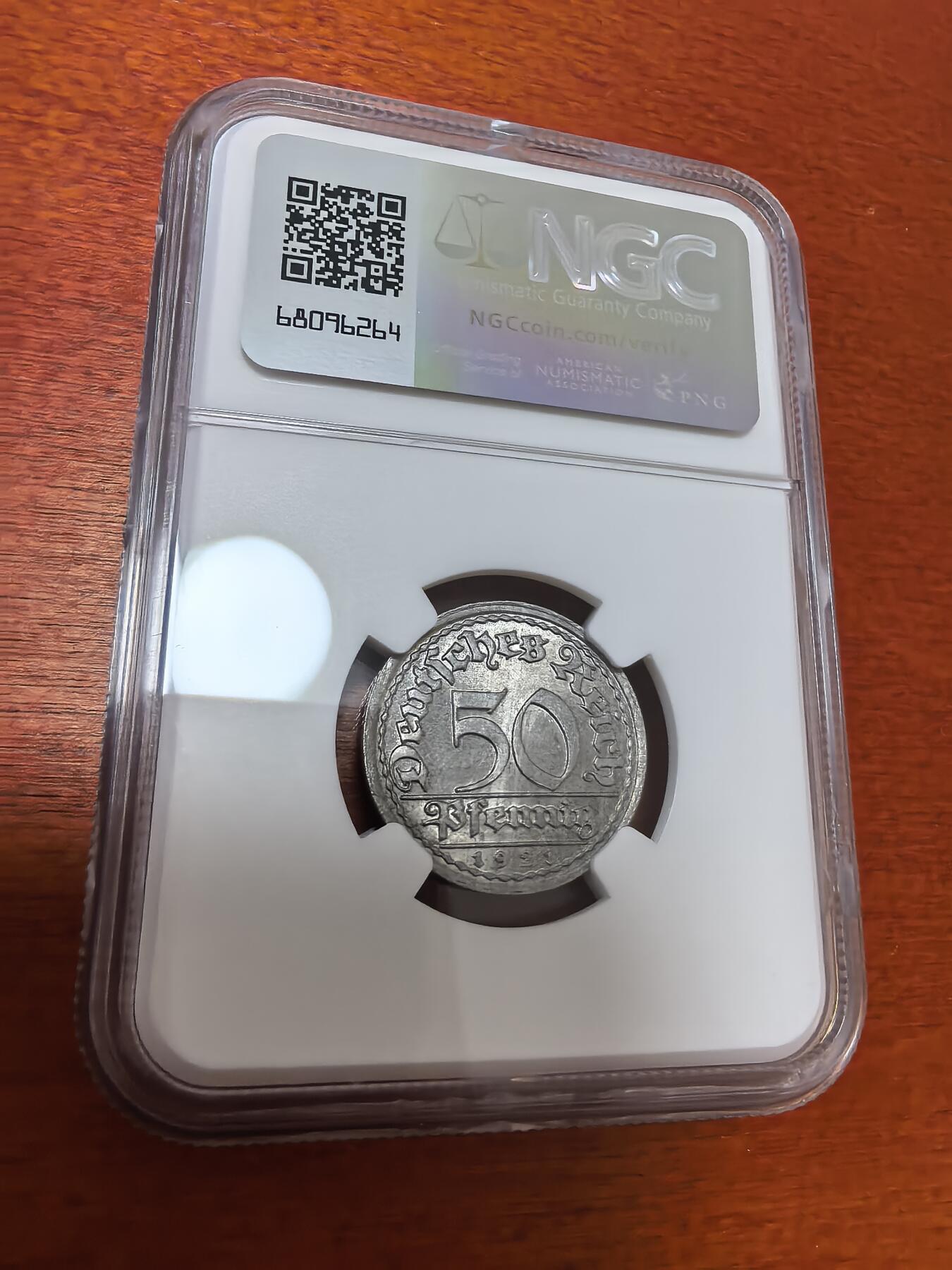 长老汇蛇年精选第四十三场拍卖 1921F 德国魏玛共和国 50芬尼铝币，NGC MS64，亚军分，更高1枚