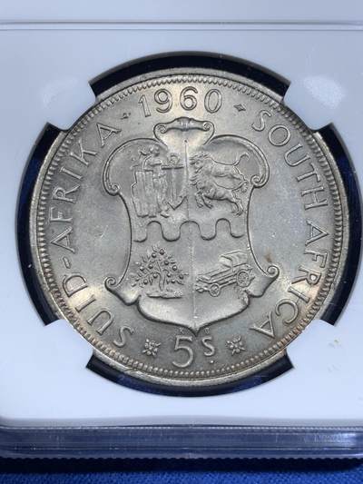 《竞宝斋》第417场 周日，周一，2场连拍 （全场包邮） NGC MS62 南非1960年联邦周年纪念5先令