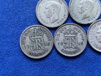 《竞宝斋》第417场 周日，周一，2场连拍 （全场包邮） 五枚一组 英国1939-1946年乔治六世6便士银币