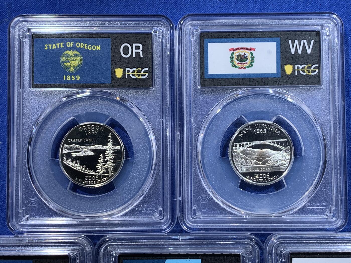 《竞宝斋》第417场 周日，周一，2场连拍 （全场包邮） PCGS PR69DCAM 美国2005年25美分5枚精制银币套 加利福尼亚/明尼苏达/堪萨斯/俄勒冈/西佛吉尼亚