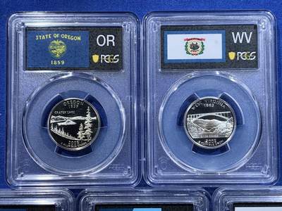 《竞宝斋》第417场 周日，周一，2场连拍 （全场包邮） PCGS PR69DCAM 美国2005年25美分5枚精制银币套 加利福尼亚/明尼苏达/堪萨斯/俄勒冈/西佛吉尼亚