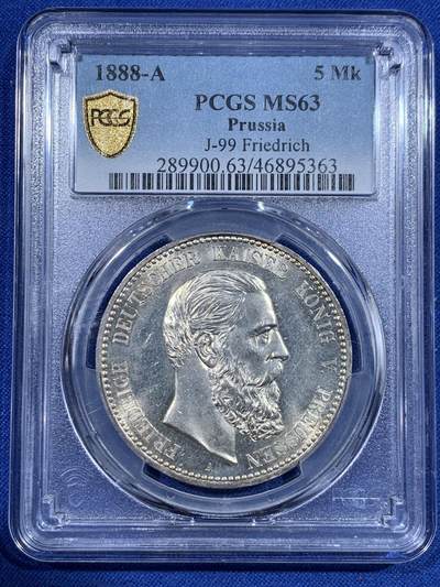 《竞宝斋》第417场 周日，周一，2场连拍 （全场包邮） PCGS MS63 德国1888年普鲁士腓特烈三世 三皇年5马克银币 币面干净 银光充足