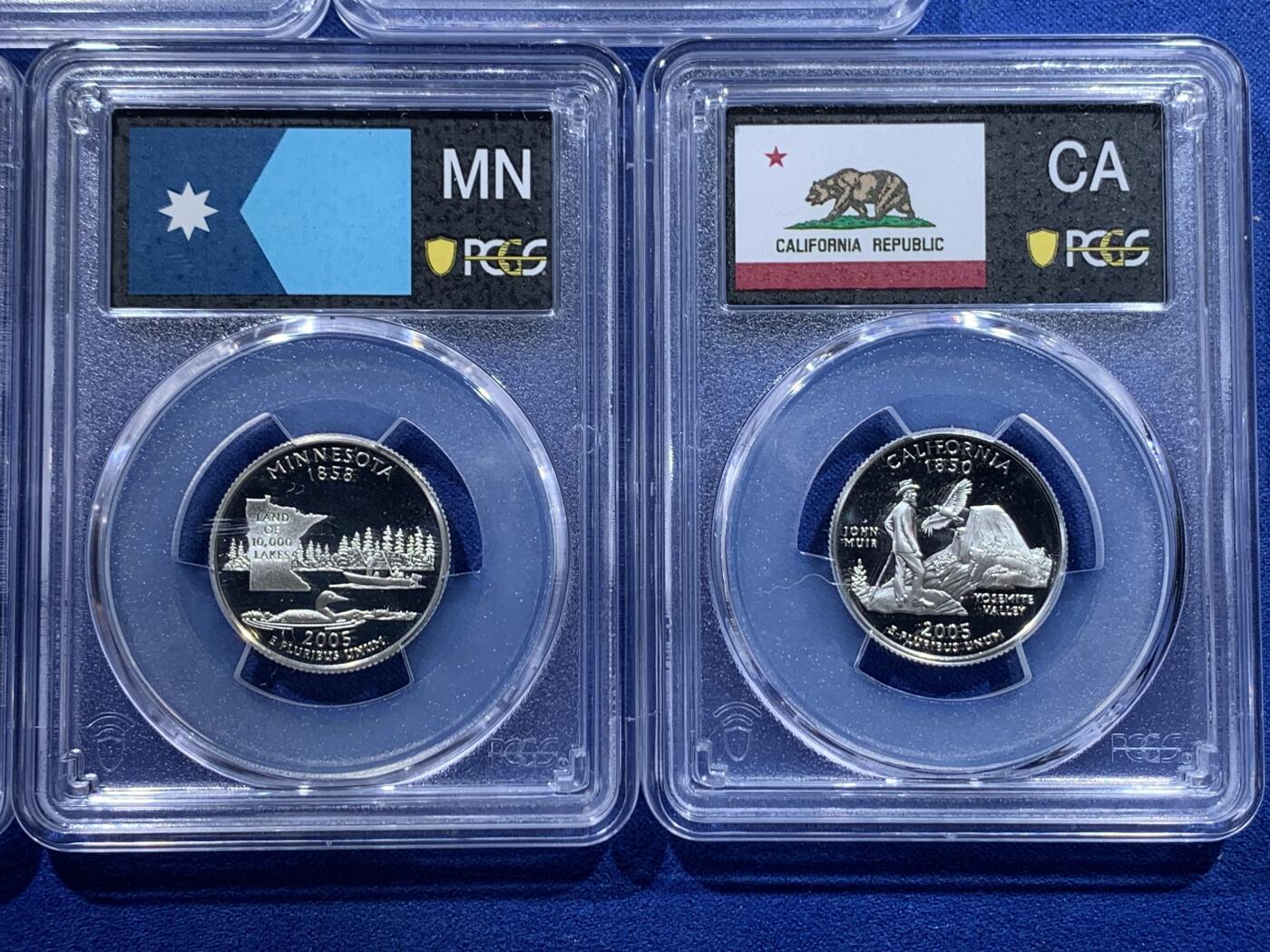 《竞宝斋》第417场 周日，周一，2场连拍 （全场包邮） PCGS PR69DCAM 美国2005年25美分5枚精制银币套 加利福尼亚/明尼苏达/堪萨斯/俄勒冈/西佛吉尼亚