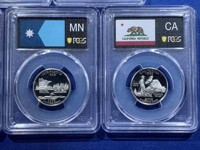 《竞宝斋》第417场 周日，周一，2场连拍 （全场包邮） PCGS PR69DCAM 美国2005年25美分5枚精制银币套 加利福尼亚/明尼苏达/堪萨斯/俄勒冈/西佛吉尼亚