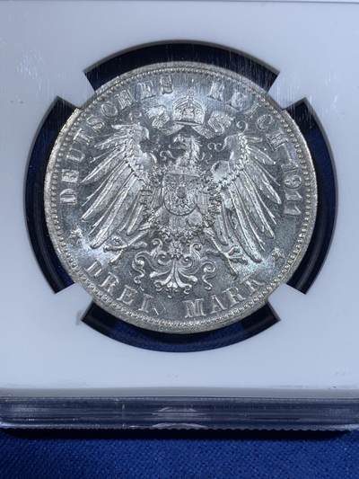 《竞宝斋》第417场 周日，周一，2场连拍 （全场包邮） NGC MS64 德国1911年符腾堡王国威廉二世国王银婚3马克银币