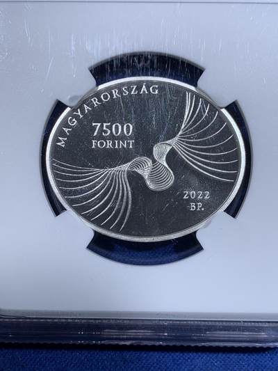 《竞宝斋》第417场 周日，周一，2场连拍 （全场包邮） NGC PF70UC 首期蓝标 匈牙利2022年凯尔泰斯伊姆雷7500福林纪念银币 诺贝尔文学奖获得者