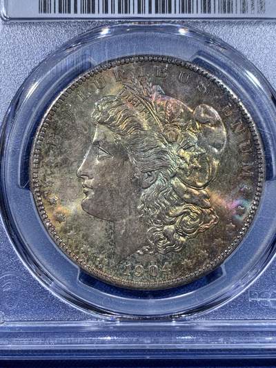 《竞宝斋》第417场 周日，周一，2场连拍 （全场包邮） PCGS MS65 美国 1904-O 摩根银币 正反面都有五彩包浆 像火烧云一样绚丽