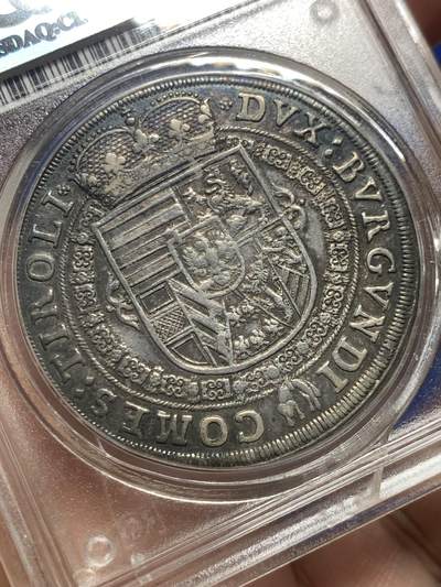 《竞宝斋》第417场 周日，周一，2场连拍 （全场包邮） PCGS AU58 奥地利 神罗 1632年 利奥波德五世 1泰勒 银币 人像纹章深打 细节丰富 五彩老包浆 盒子有裂不影响币