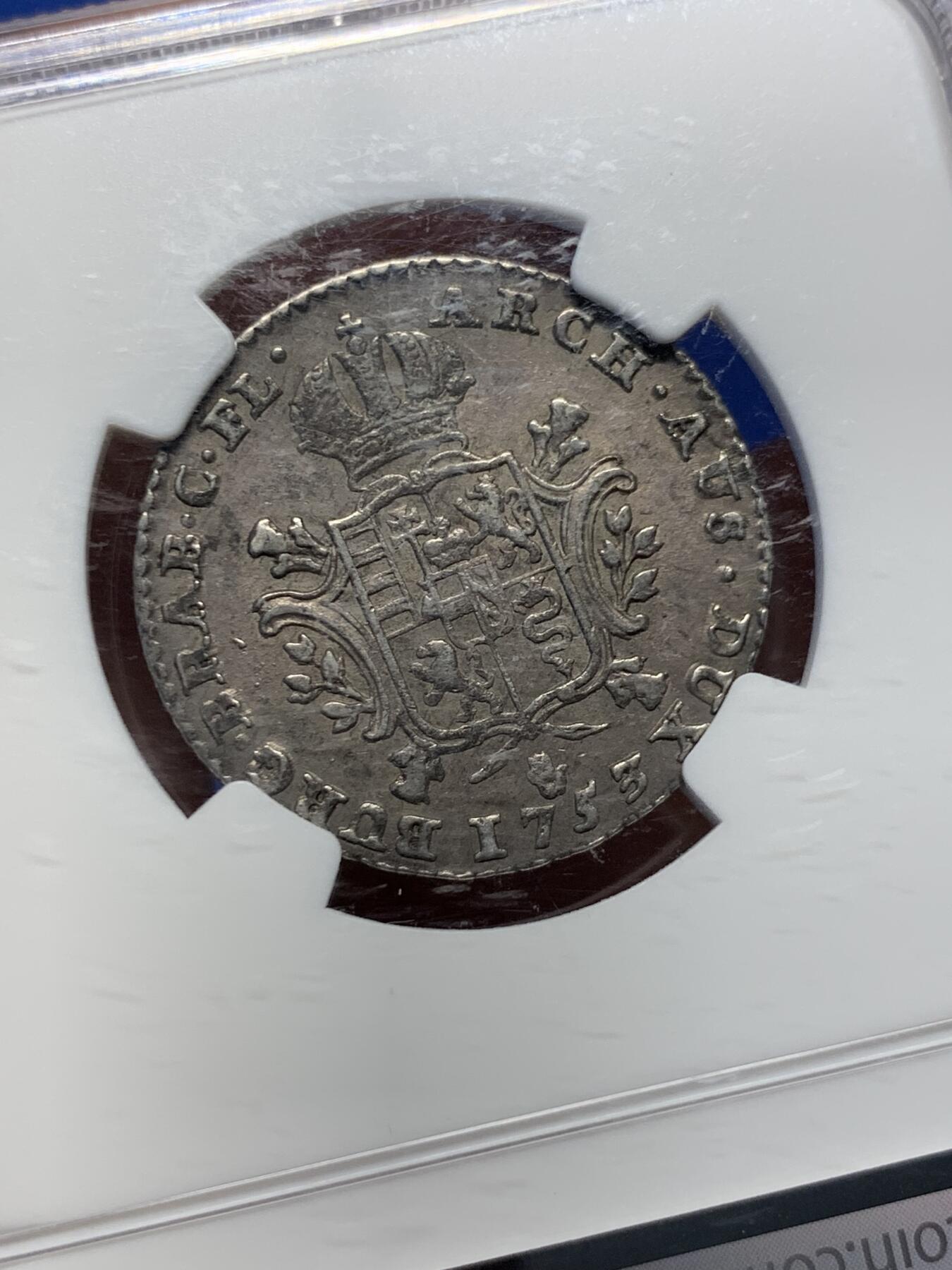 《竞宝斋》第417场 周日，周一，2场连拍 （全场包邮） NGC AU50 奥属尼德兰1753年1/4杜卡特银币，十分少见，特蕾莎女王头像