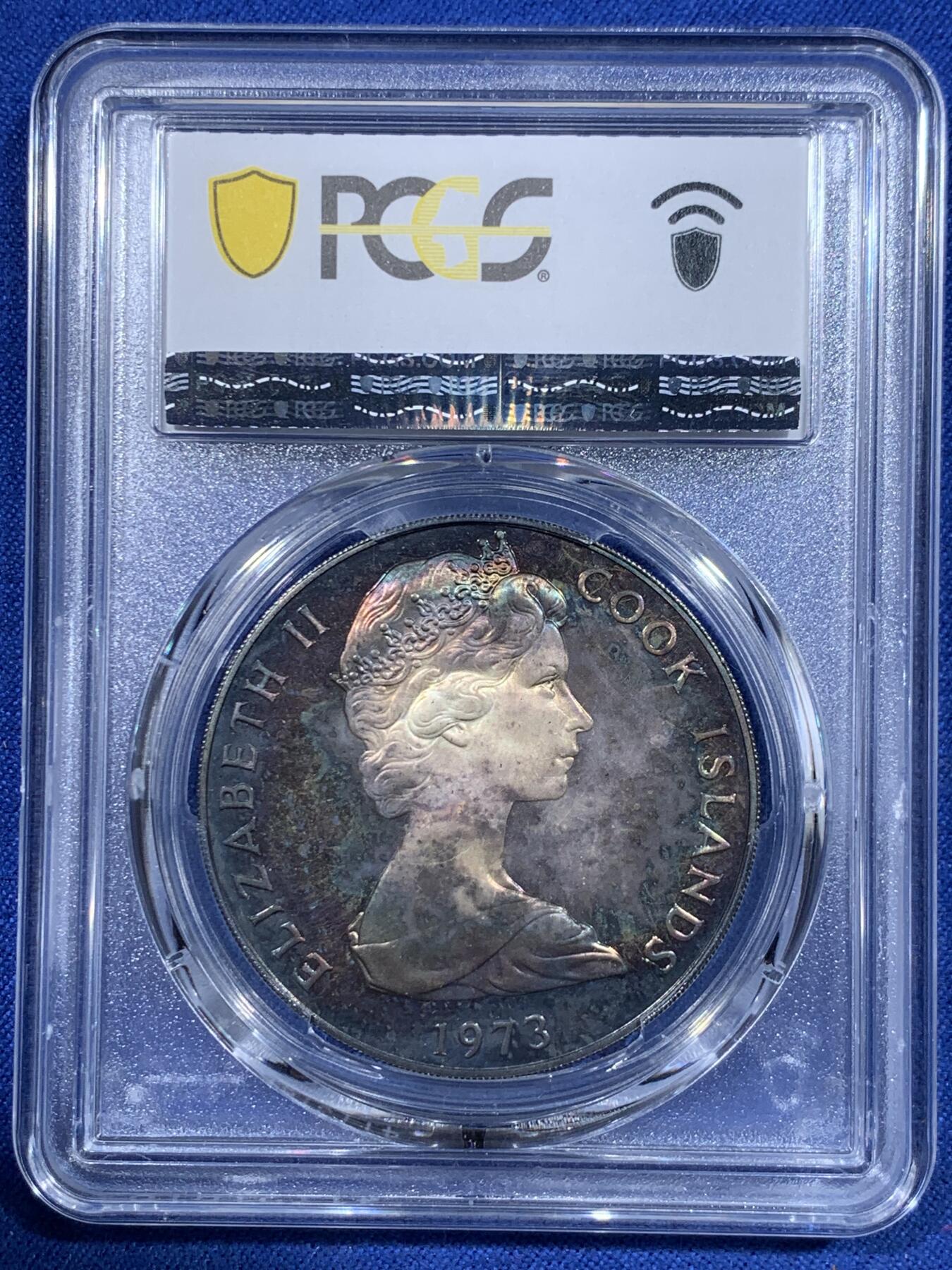 《竞宝斋》第417场 周日，周一，2场连拍 （全场包邮） PCGS PR65 库克群岛1973年2元精制银币，纪念伊丽莎白二世女王加冕20周年，双面厚重五彩。