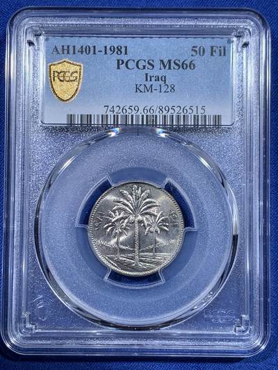 《竞宝斋》第417场 周日，周一，2场连拍 （全场包邮） - PCGS MS66 伊拉克1981年50费尔 椰树 经典菱形边设计 通货常见 出分不易 适合配套