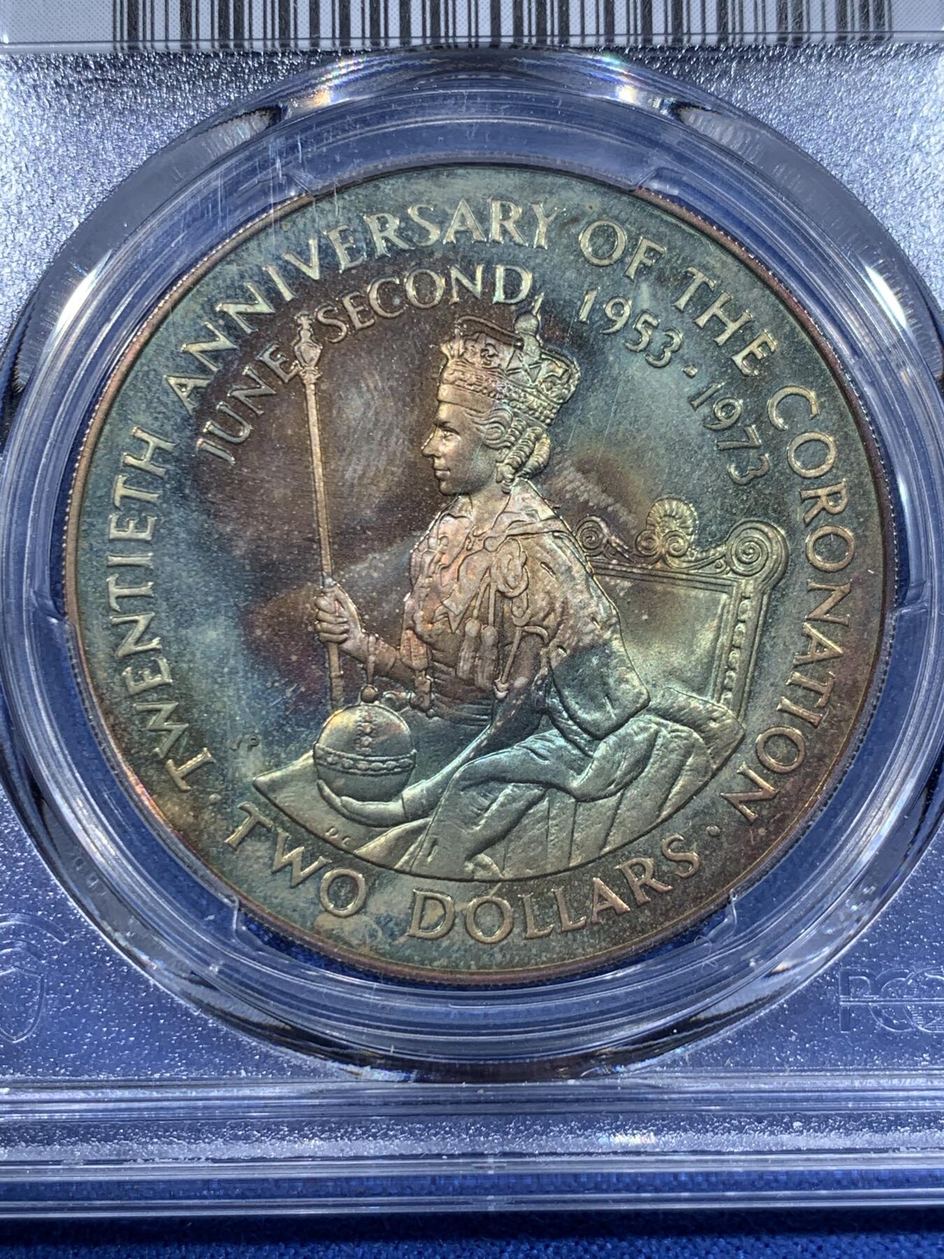 《竞宝斋》第417场 周日，周一，2场连拍 （全场包邮） PCGS PR65 库克群岛1973年2元精制银币，纪念伊丽莎白二世女王加冕20周年，双面厚重五彩。