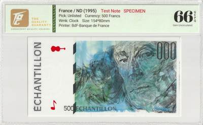 PThappally收藏第52次拍卖，英联邦地区硬币纸币 - 法国 年份 1995, 500 Francs 全新的 测试钞 SPECIMEN "ECHANTILLON" 认证于: TQG 66 GEPQ Gem UNC