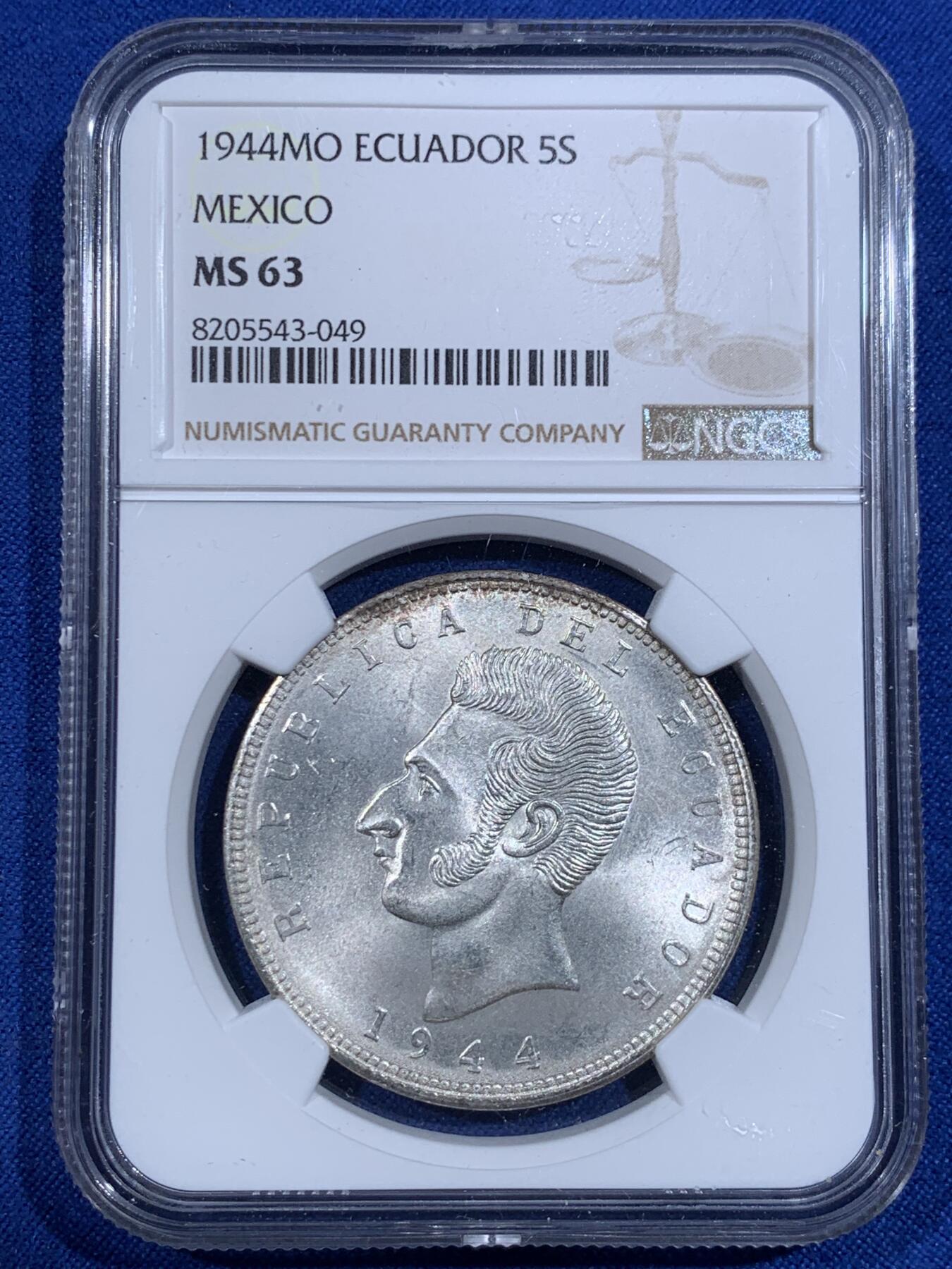《竞宝斋》第417场 周日，周一，2场连拍 （全场包邮） NGC MS63 厄瓜多尔 1944年 5苏克雷 方便面头 银币 暴光品相