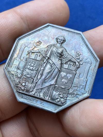 《竞宝斋》第417场 周日，周一，2场连拍 （全场包邮） 法国1838巴黎奥尔良铁路开通纪念八角银质代币，36.4MM，23.65克，手指边铭