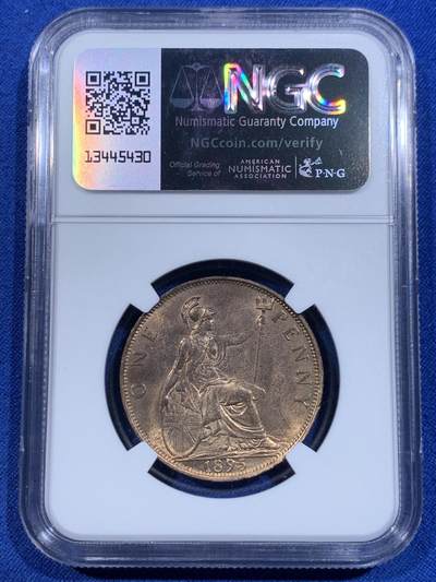 《竞宝斋》第417场 周日，周一，2场连拍 （全场包邮） NGC MS64RB 英国1895年披纱1便士大铜币，MS64收藏级