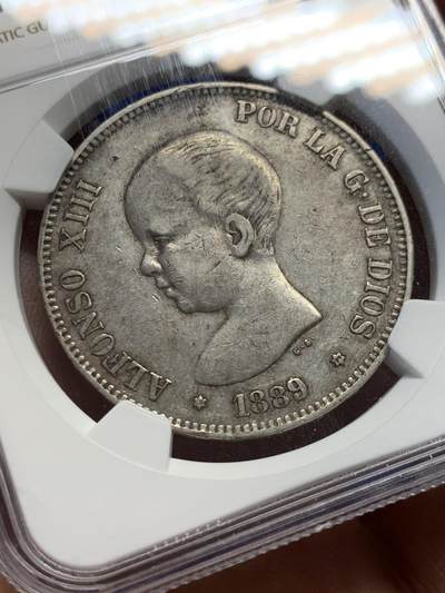 《竞宝斋》第417场 周日，周一，2场连拍 （全场包邮） NGC AU53 西班牙 1889年 阿方索十三世 小光头 5比塞塔 银币 上AU的小光头很少