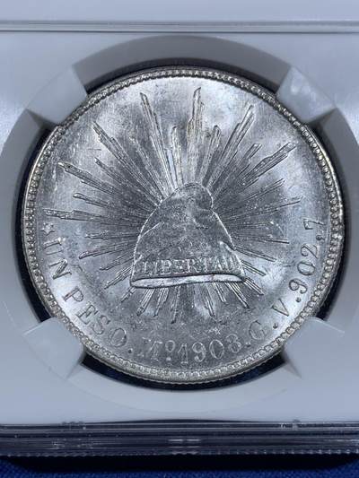 《竞宝斋》第417场 周日，周一，2场连拍 （全场包邮） NGC MS63 墨西哥 1908年 1比索 直边鹰洋 银币 暴光品相 老盒严评