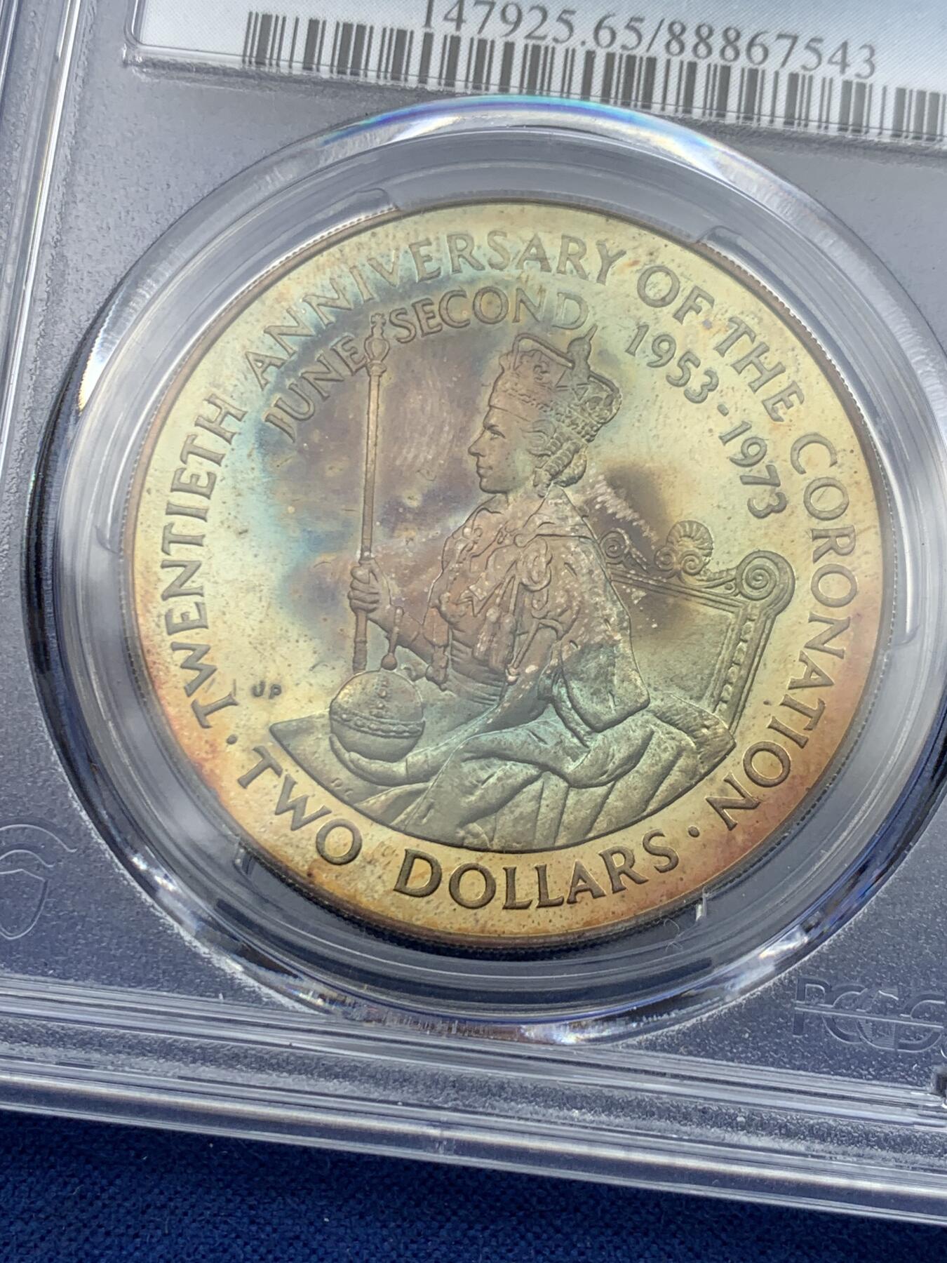 《竞宝斋》第417场 周日，周一，2场连拍 （全场包邮） PCGS PR65 库克群岛1973年2元精制银币，纪念伊丽莎白二世女王加冕20周年，双面厚重五彩。