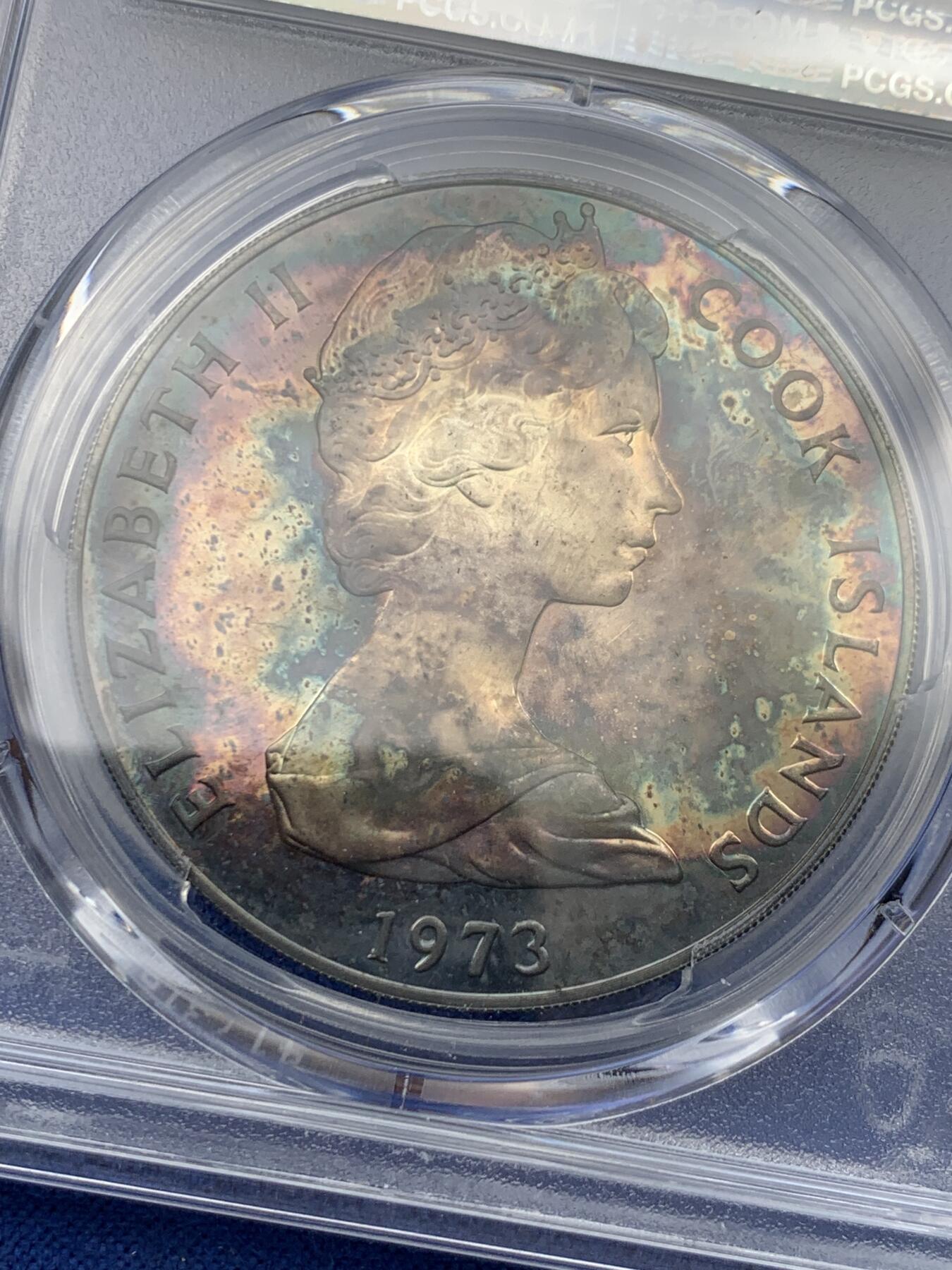 《竞宝斋》第417场 周日，周一，2场连拍 （全场包邮） PCGS PR65 库克群岛1973年2元精制银币，纪念伊丽莎白二世女王加冕20周年，双面厚重五彩。