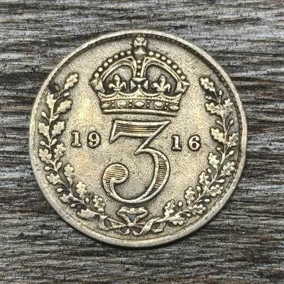 【铜匠收藏】★第130加场★精品币章场，200包邮，不满200.支付运费5元。《接受代拍 代送NGC评级》 - 英国 1916年 乔治五世 3便士 银币
