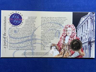 《竞宝斋》第417场 周日，周一，2场连拍 （全场包邮） 英国1994英格兰银行成立300周年限量2英镑纪念币首日封，特别的古典钞票图案，纪念邮戳，精美可抽出式2镑纪念币卡册。