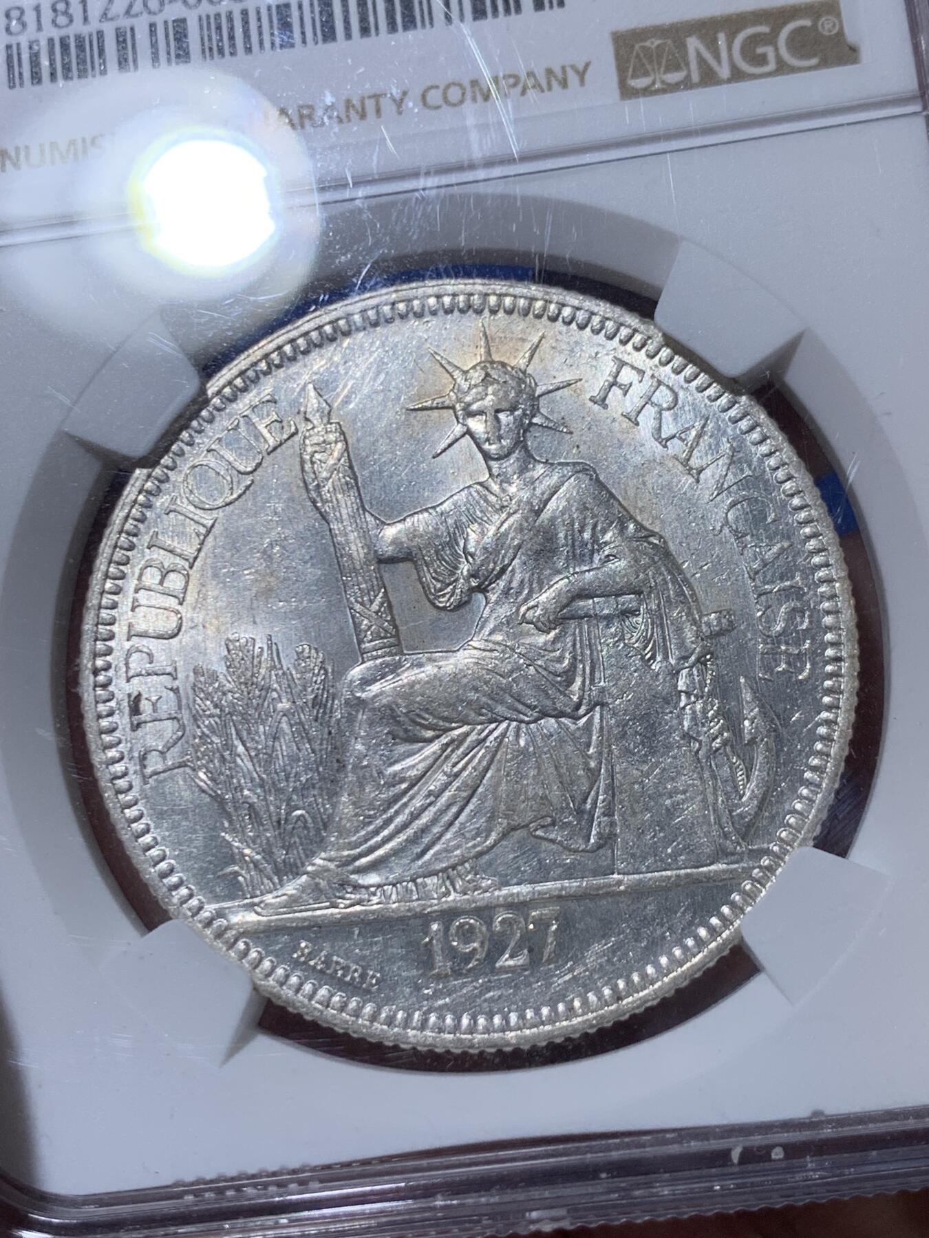 《竞宝斋》第417场 周日，周一，2场连拍 （全场包邮） NGC MS62 法属坐洋1927年1皮阿斯特大银币 状态不错 近期坐洋价格有所回暖