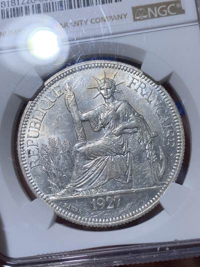 《竞宝斋》第417场 周日，周一，2场连拍 （全场包邮） NGC MS62 法属坐洋1927年1皮阿斯特大银币 状态不错 近期坐洋价格有所回暖