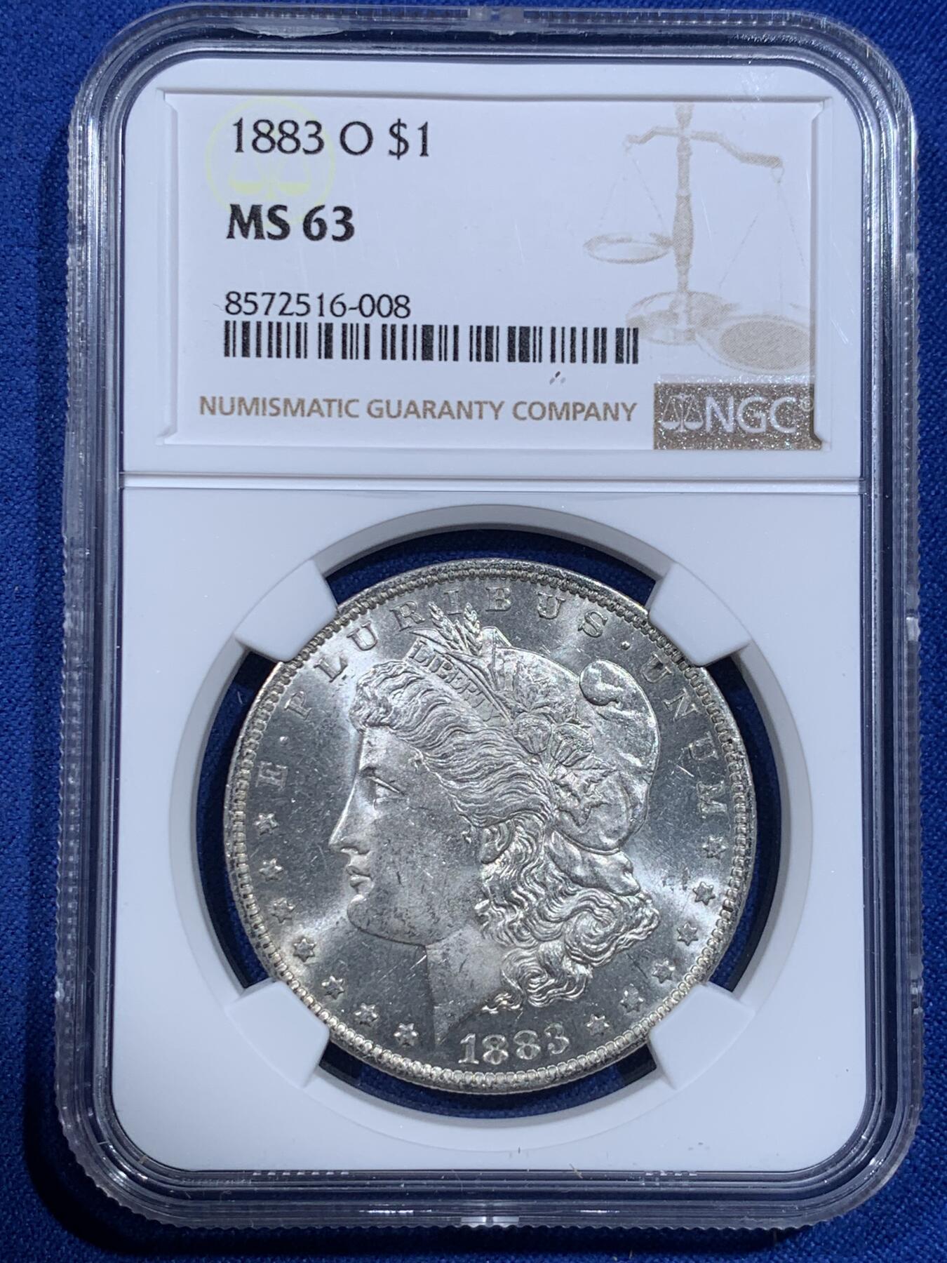 《竞宝斋》第417场 周日，周一，2场连拍 （全场包邮） NGC MS63 美国1883年O版摩根银币 爆光BU品质