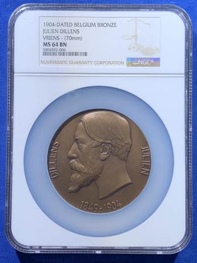 《竞宝斋》第417场 周日，周一，2场连拍 （全场包邮） NGC MS64BN 比利时雕塑家朱利安·迪伦斯纪念铜章 大盒封装 加厚盒