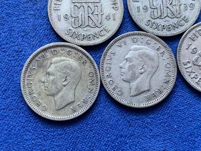 《竞宝斋》第417场 周日，周一，2场连拍 （全场包邮） 五枚一组 英国1939-1946年乔治六世6便士银币