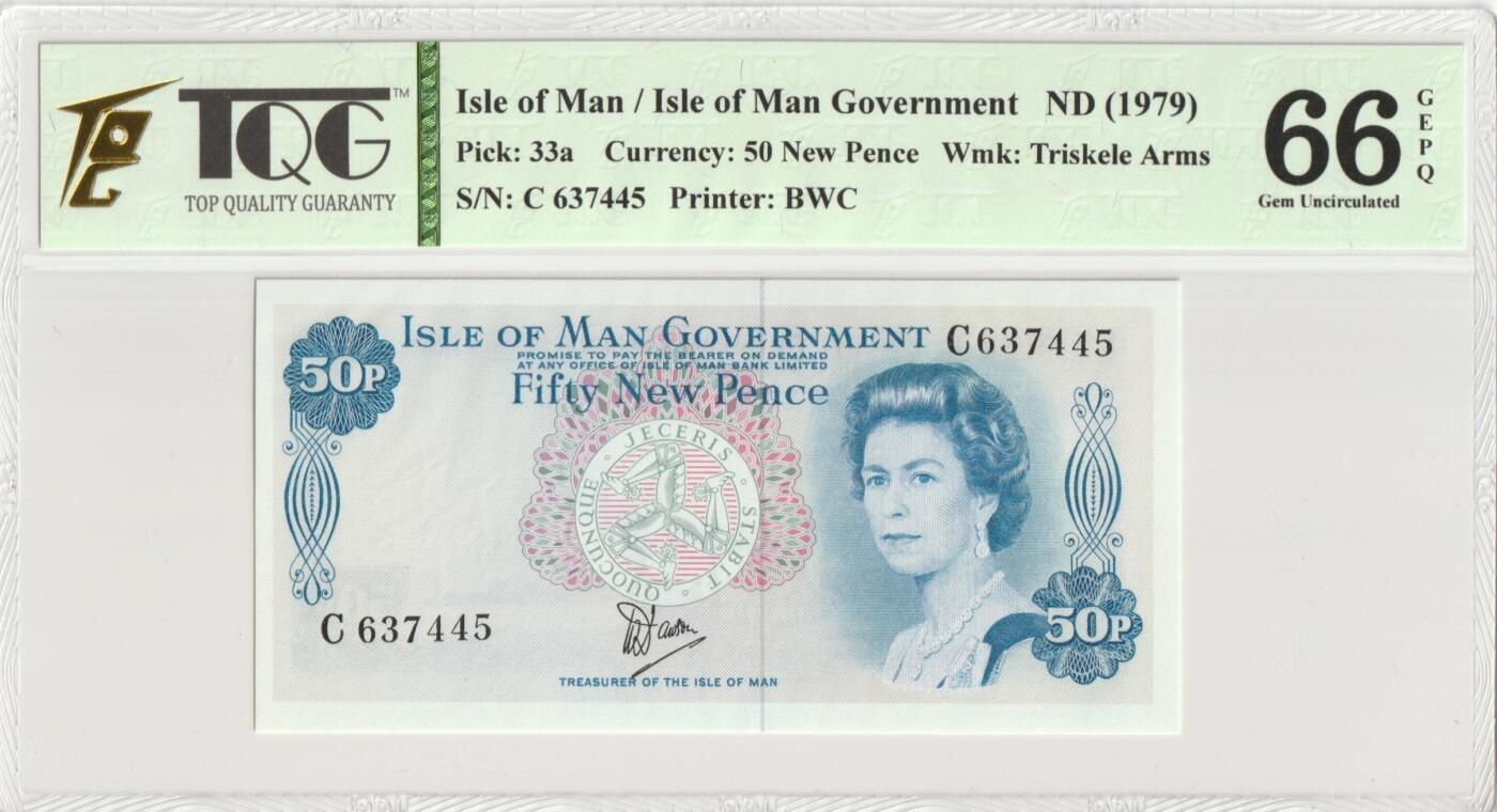 PThappally收藏第52次拍卖，英联邦地区硬币纸币 马恩岛 年份 1979, 50 New Pence 全新的 纸币, 克劳斯目录编号: P33a, 签名: William Dawson, 认证于: TQG 66 GEPQ Gem UNC
