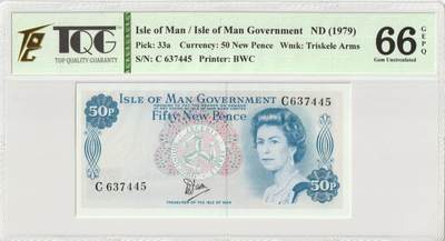 PThappally收藏第52次拍卖，英联邦地区硬币纸币 - 马恩岛 年份 1979, 50 New Pence 全新的 纸币, 克劳斯目录编号: P33a, 签名: William Dawson, 认证于: TQG 66 GEPQ Gem UNC