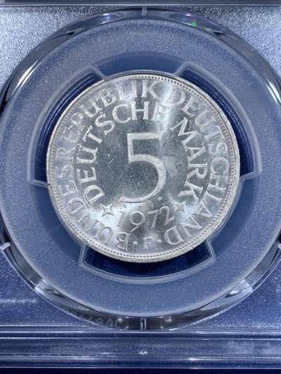 《竞宝斋》第417场 周日，周一，2场连拍 （全场包邮） PCGS MS65 德国1972年5马克银币 车轮光状态 长毛鹰漂亮 带银光白霜