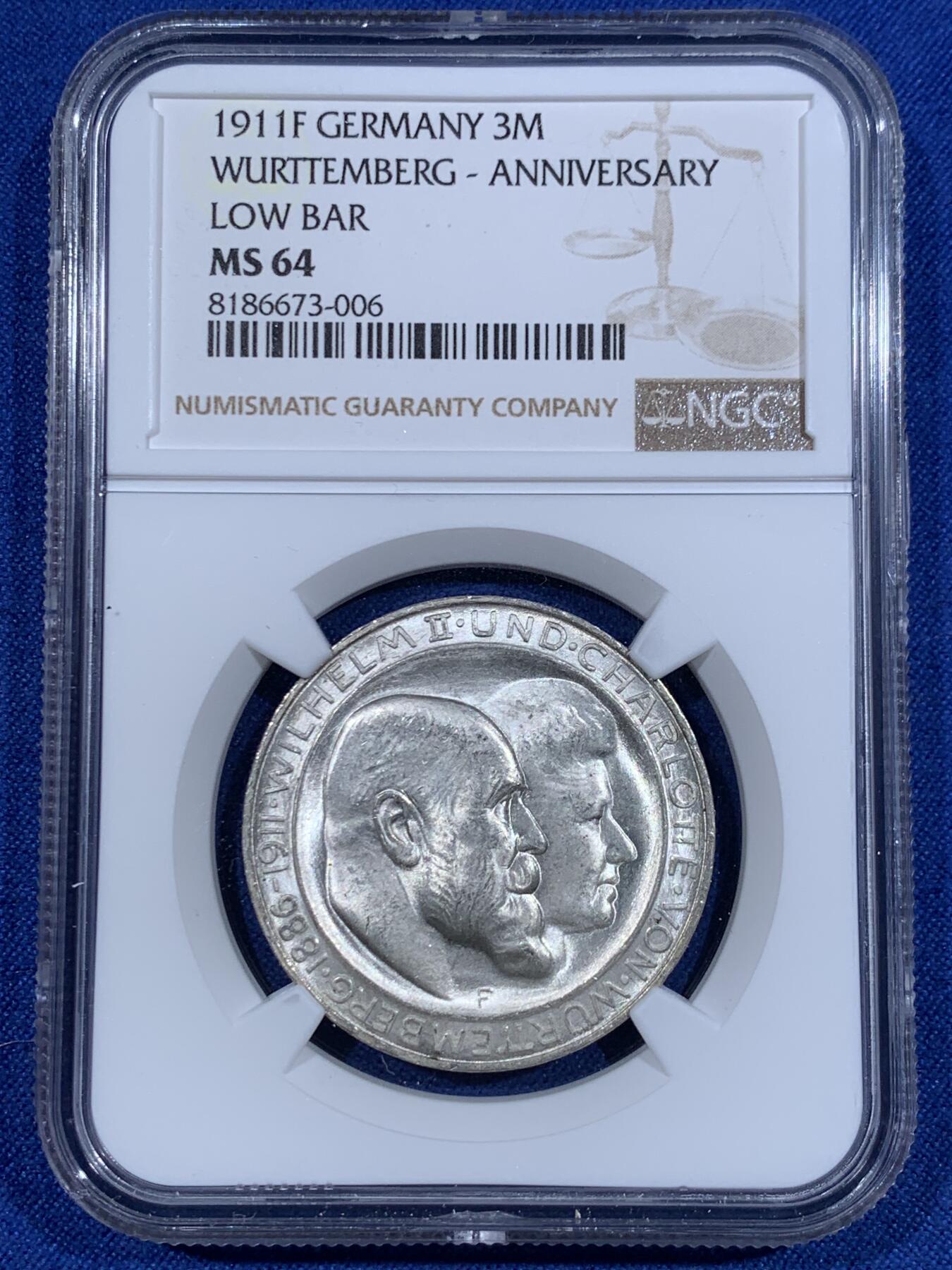 《竞宝斋》第417场 周日，周一，2场连拍 （全场包邮） NGC MS64 德国1911年符腾堡王国威廉二世国王银婚3马克银币