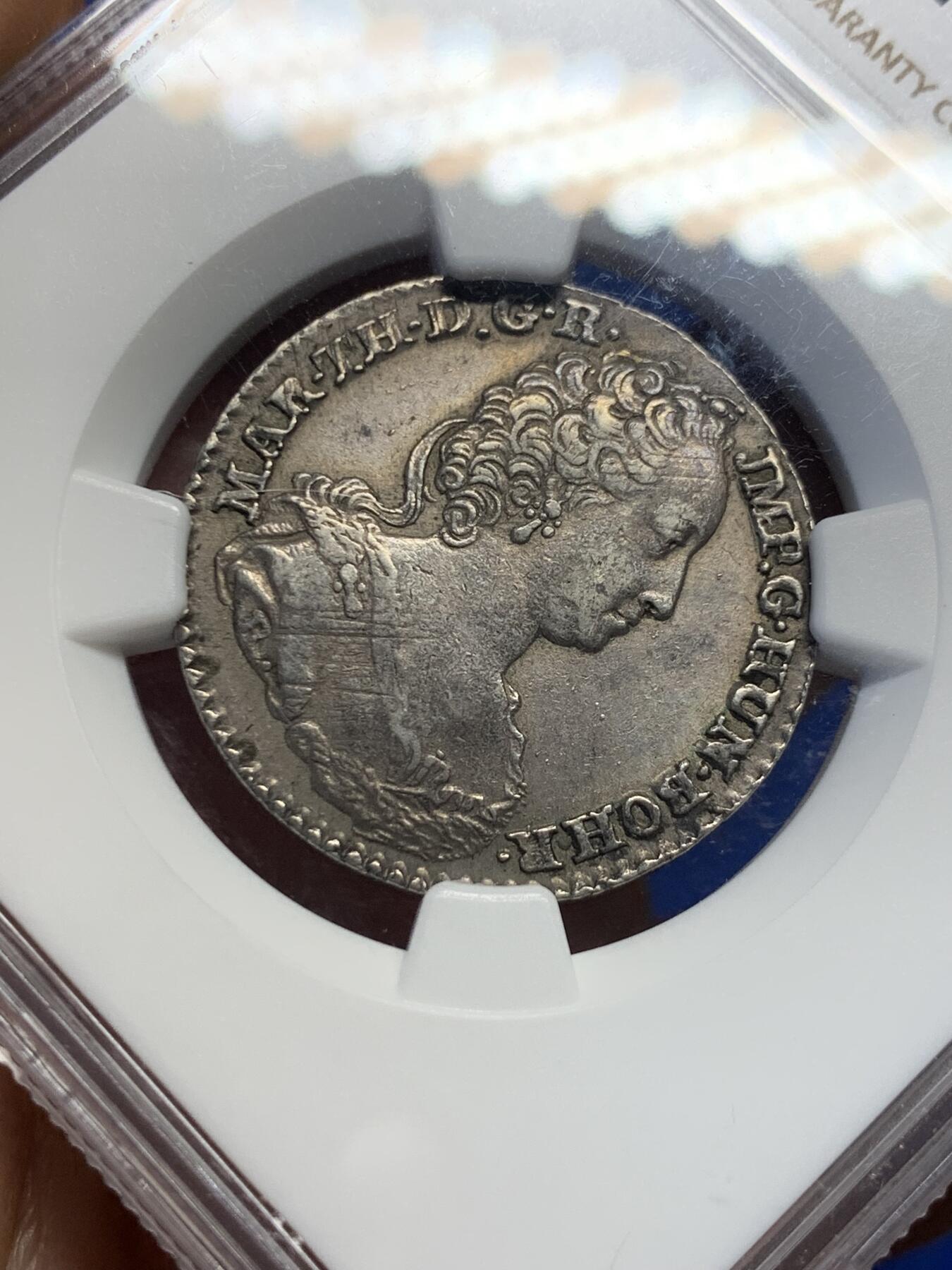 《竞宝斋》第417场 周日，周一，2场连拍 （全场包邮） NGC AU50 奥属尼德兰1753年1/4杜卡特银币，十分少见，特蕾莎女王头像