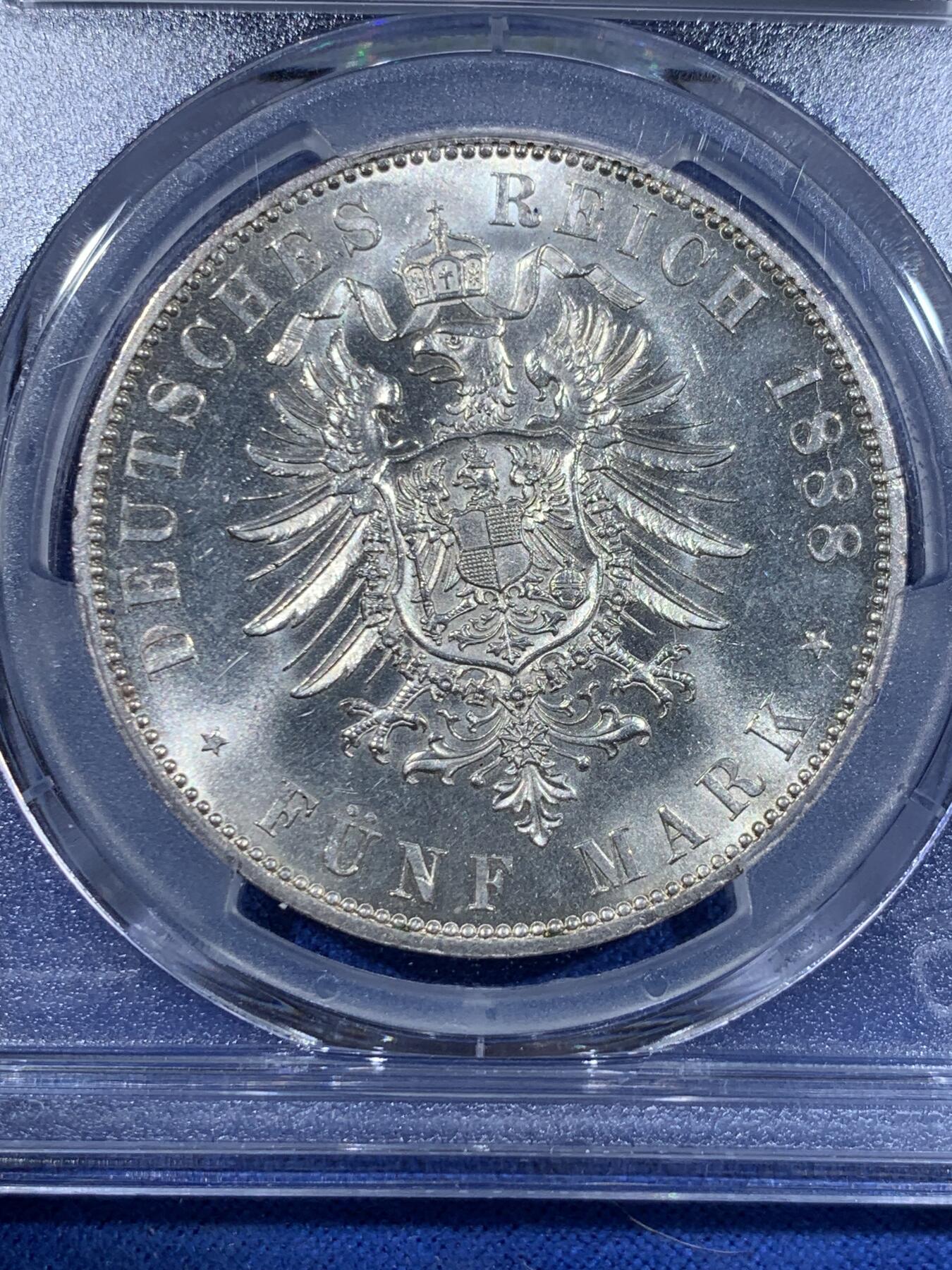 《竞宝斋》第417场 周日，周一，2场连拍 （全场包邮） PCGS MS63 德国1888年普鲁士腓特烈三世 三皇年5马克银币 币面干净 银光充足