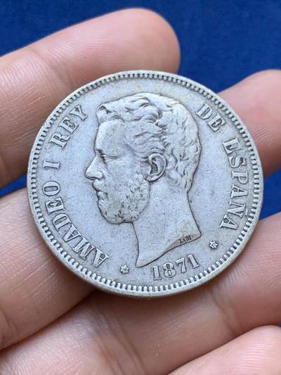 《竞宝斋》第417场 周日，周一，2场连拍 （全场包邮） 西班牙1871年阿玛迪奥一世5比赛塔双柱银币