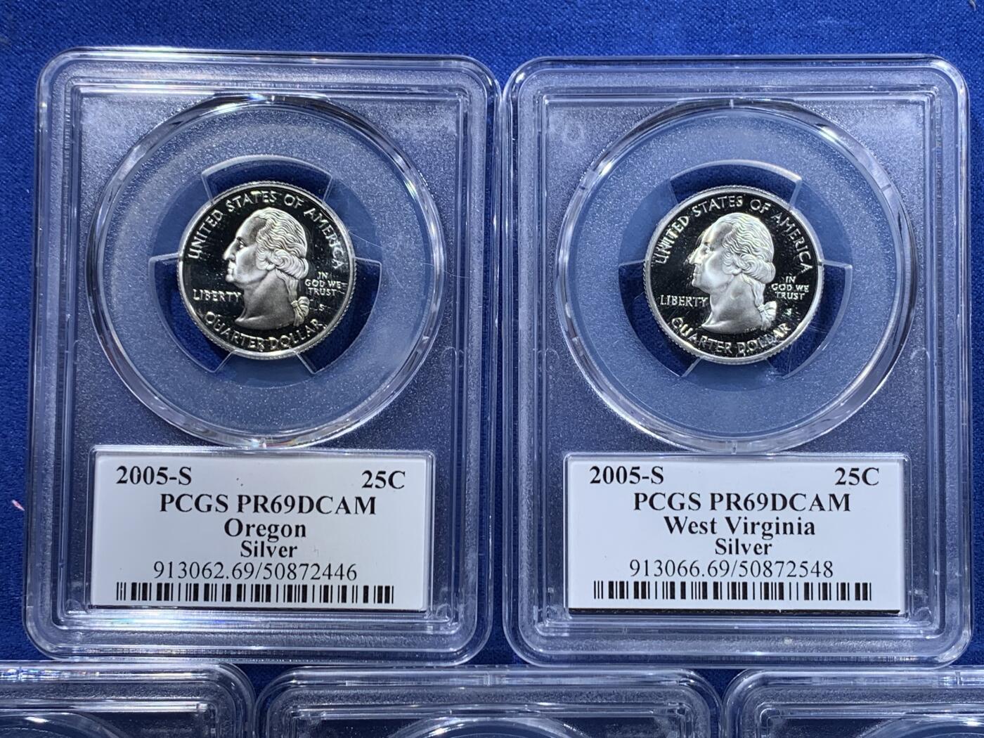 《竞宝斋》第417场 周日，周一，2场连拍 （全场包邮） PCGS PR69DCAM 美国2005年25美分5枚精制银币套 加利福尼亚/明尼苏达/堪萨斯/俄勒冈/西佛吉尼亚