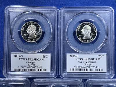《竞宝斋》第417场 周日，周一，2场连拍 （全场包邮） PCGS PR69DCAM 美国2005年25美分5枚精制银币套 加利福尼亚/明尼苏达/堪萨斯/俄勒冈/西佛吉尼亚
