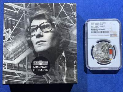 《竞宝斋》第417场 周日，周一，2场连拍 （全场包邮） NGC PF68UC 法国2016年欧洲之星时装设计师伊夫圣罗兰彩色银币 带原盒难得