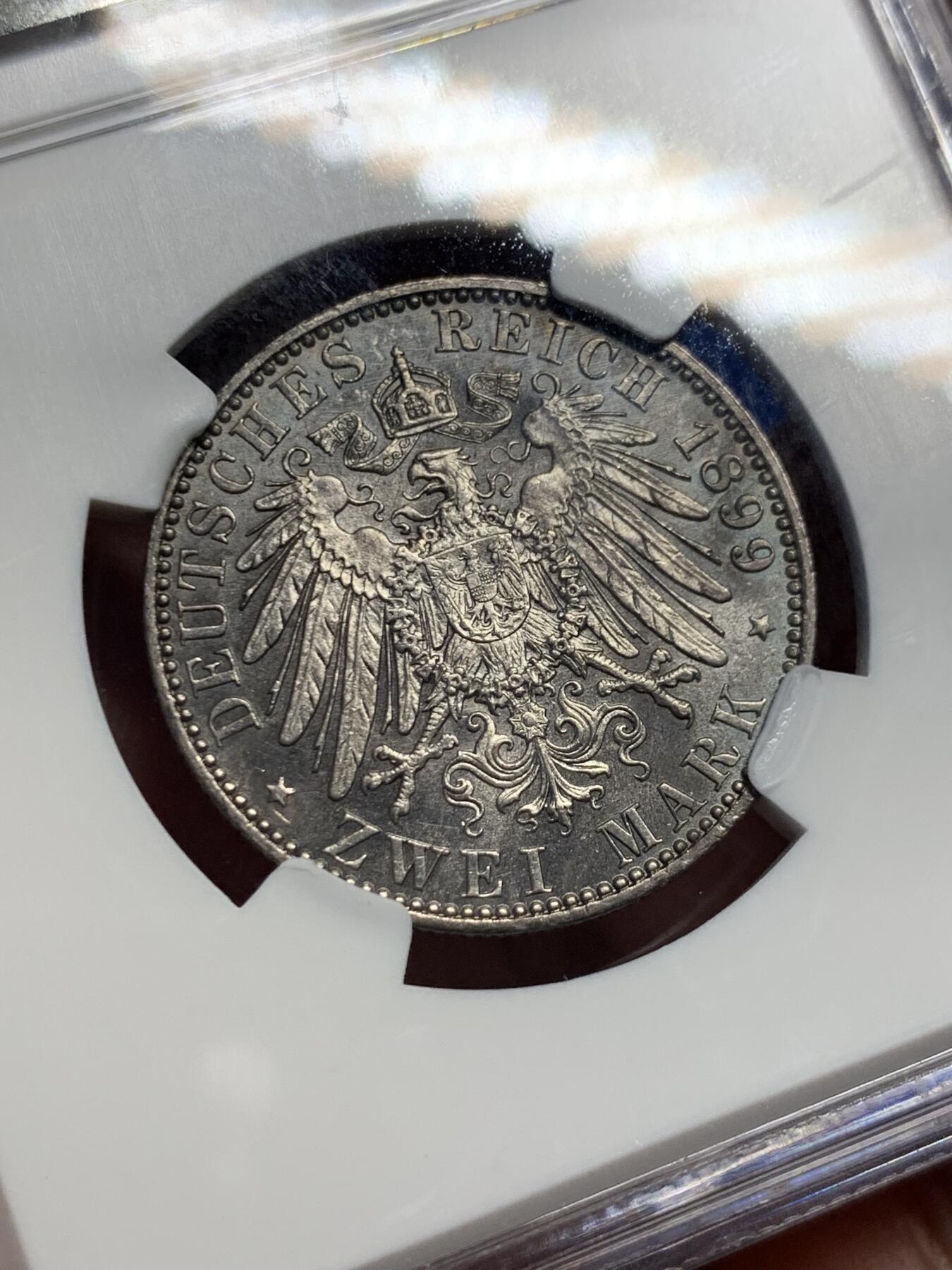 《竞宝斋》第417场 周日，周一，2场连拍 （全场包邮） 亚军分 NGC MS63 德国 1899年 普鲁士 威廉二世 2马克银币 状态好 少见 同分成交2600